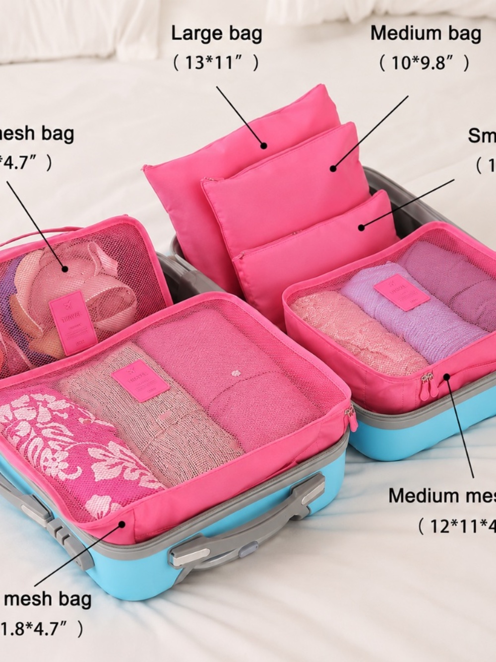 NWT Travel Packing Cubes Set of 6 PINK (diff colors available) Luggage Organizer